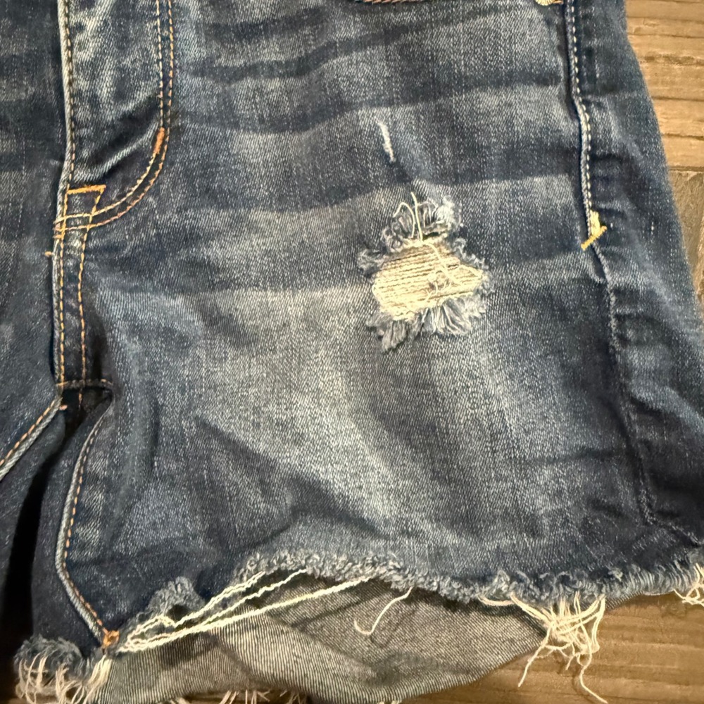 American Eagle Hi-Rise Shortie Denim Shorts Dark Wash Distressed Super Stretch 0 - Picture 11 of 11